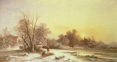 Winterscène: Hout verzamelen aan een rivier door George Augustus Williams